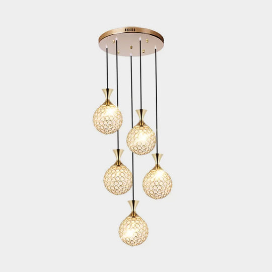 Globe Dining Room Ceiling Lamp Crystal Encrusted Pendant Light Fixture - Gold 3/5 Bulbs