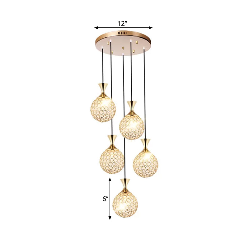 Globe Dining Room Ceiling Lamp Crystal Encrusted Pendant Light Fixture - Gold 3/5 Bulbs