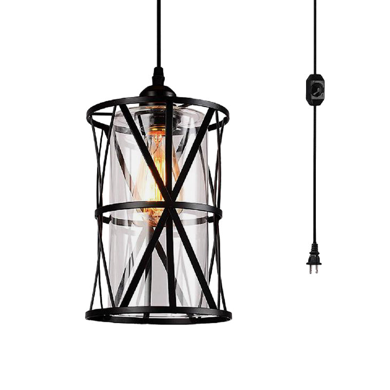 Antique Black Cylinder Pendant Light With Clear Glass/Fabric Shade - Elegant Living Room Ceiling