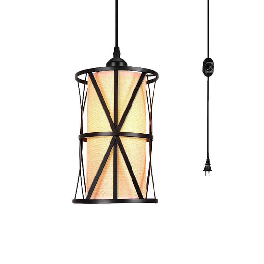 Antique Black Cylinder Pendant Light With Clear Glass/Fabric Shade - Elegant Living Room Ceiling