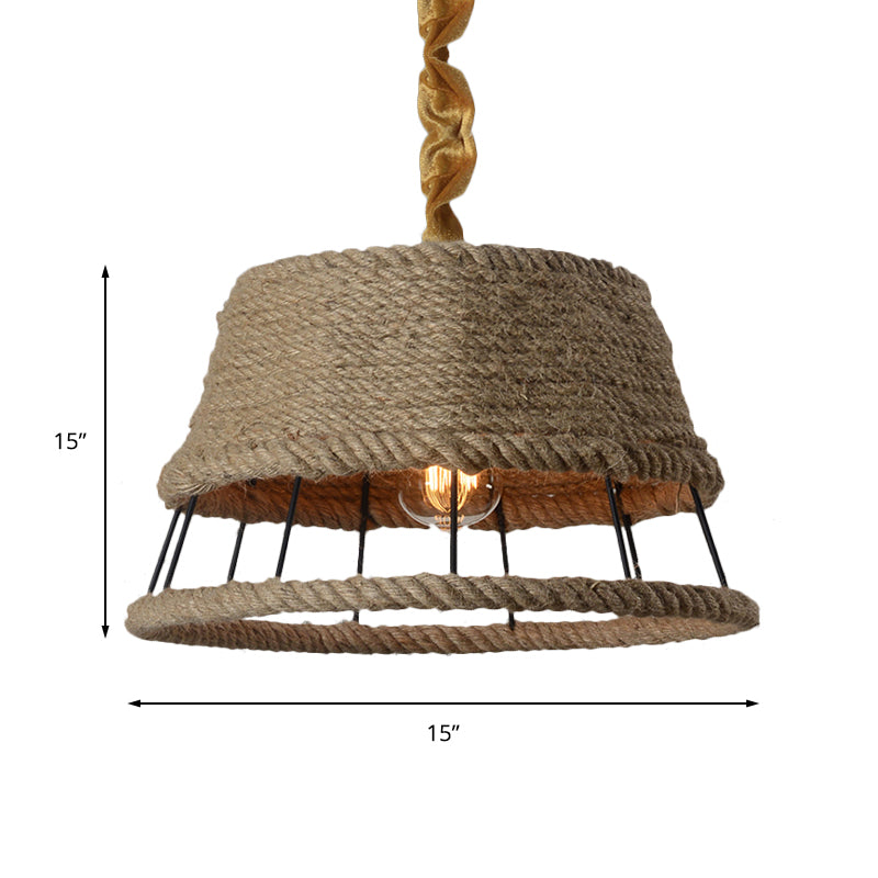 Hemp Rope Beige Pendant Light With Metal Cage Shade - Lodge Hanging Fixture For Restaurant