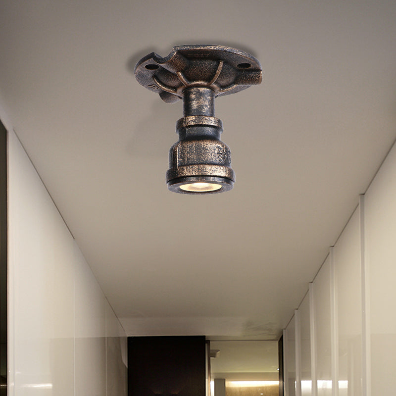 Rustic Industrial Antique Brass Water Pipe Ceiling Light With 1 Metal Semi Flush Mount - Perfect