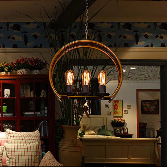 Metal Hanging Light: Brass Industrial Chandeliers - Bare Bulb 3-Light For Living Room