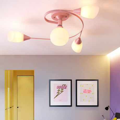 Curly Nordic Iron Semi Flush Mount Ceiling Light With Glass Shades In Grey/Pink/Yellow - 4/6-Head