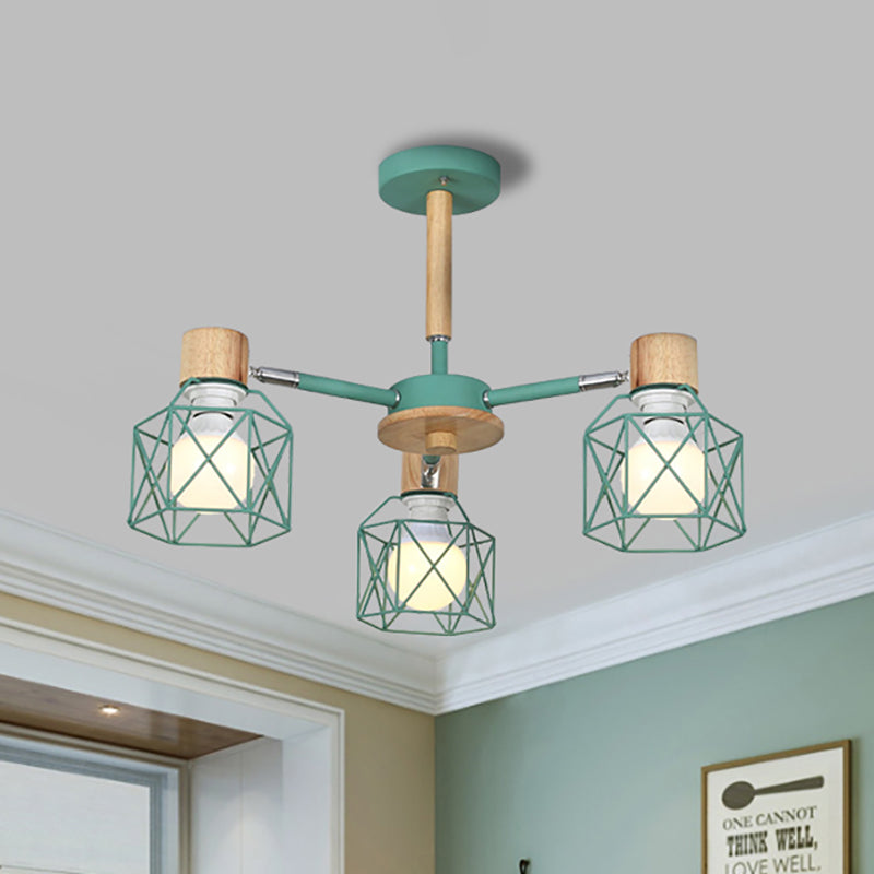 Nordic Iron Cage Semi - Flush Lamp With 3/6/8 - Head Black/Green/Gold Pendant Lighting For Ceiling