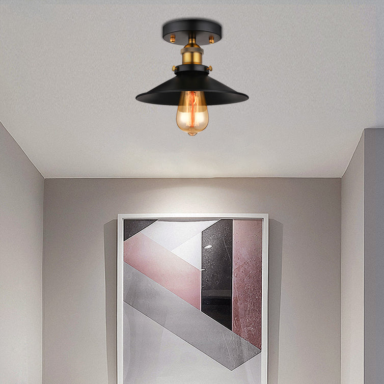 Retro Metallic Semi Flush Mount Ceiling Light - Black/Rust Cone Shade 1 Head Close To Lighting For