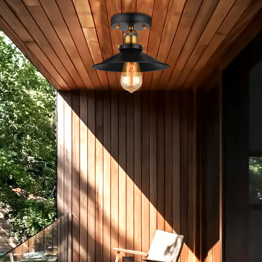 Retro Metallic Semi Flush Mount Ceiling Light - Black/Rust Cone Shade 1 Head Close To Lighting For