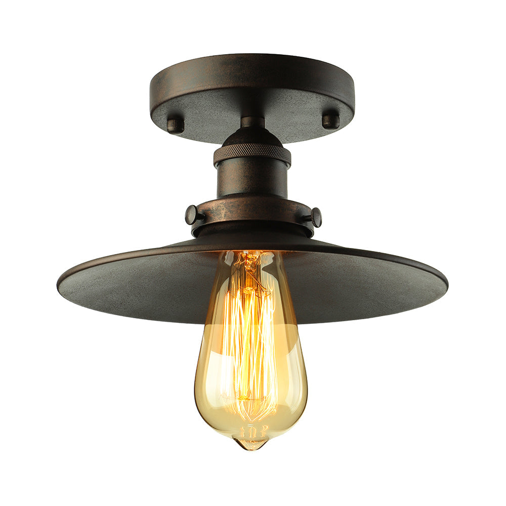 Retro Metallic Semi Flush Mount Ceiling Light - Black/Rust Cone Shade 1 Head Close To Lighting For