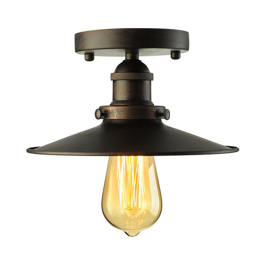 Retro Metallic Semi Flush Mount Ceiling Light - Black/Rust Cone Shade 1 Head Close To Lighting For