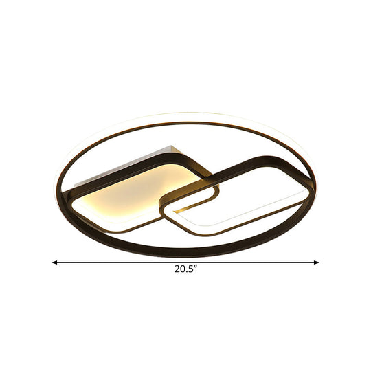 Nordic Style Metal Flush Mount Lamp - Ring And Rectangle Design Led Black Ceiling Light (16.5/20.5W)