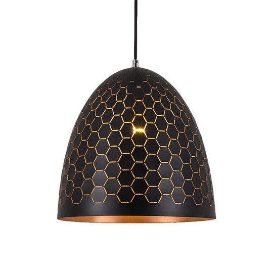 Domed Drop Pendant Light - Factory Black Metal Suspension With Honeycomb Pattern 10’/12’/16’ Wide