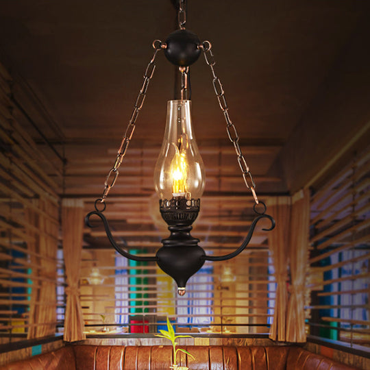 1-Head Farmhouse Pendant Lamp Kit With Chain Decor – Clear Glass Elongated Design Black Finish