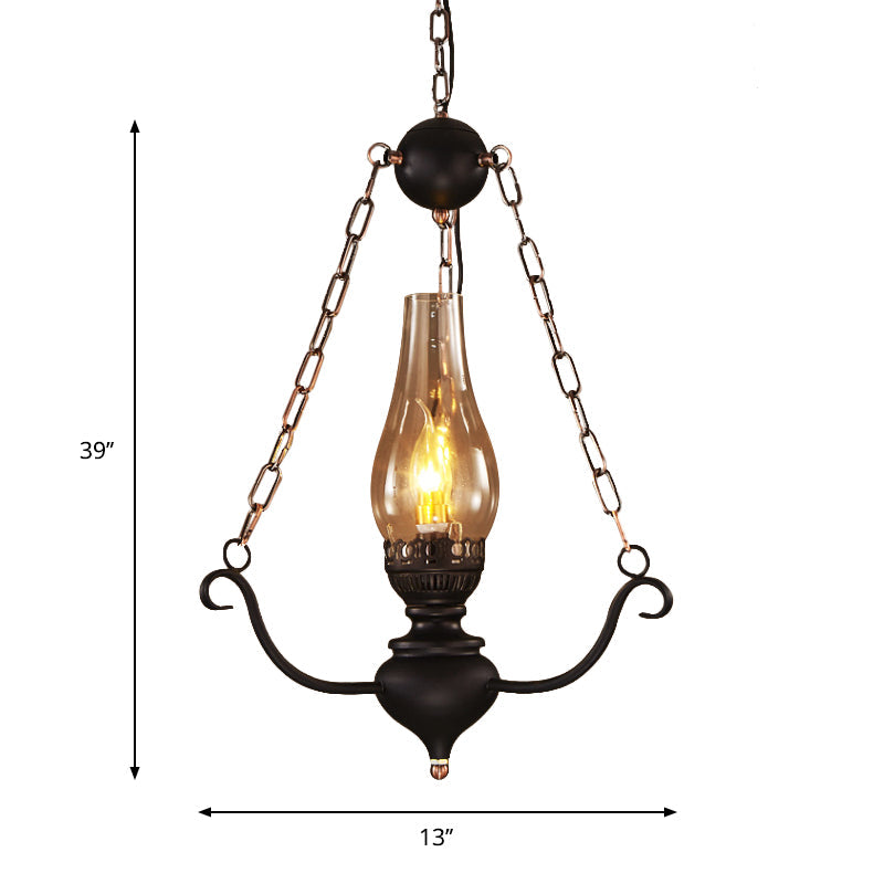 1-Head Farmhouse Pendant Lamp Kit With Chain Decor – Clear Glass Elongated Design Black Finish