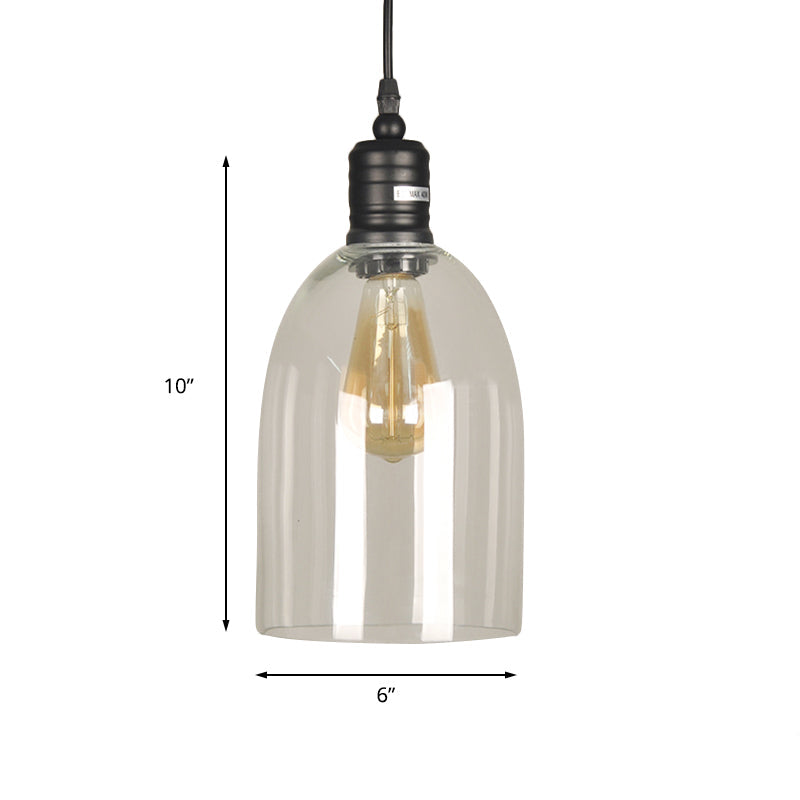 Industrial Style Pendant Light – Black Glass Hanging Ceiling Fixture With Clear Bulb