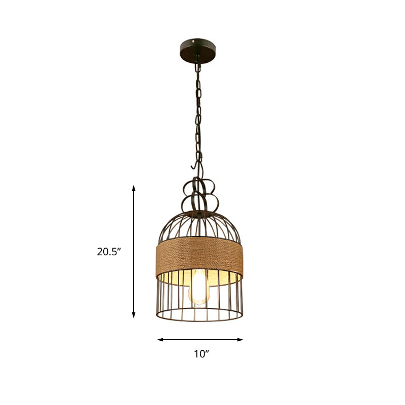 Black Metal & Rope Bird Cage Pendant Lamp For Restaurants