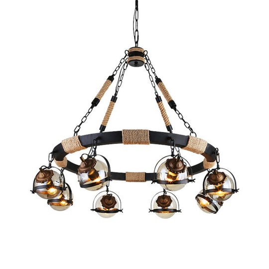 Globe Chandelier Lamp: Farmhouse Style 6/8-Light Rope Hanging Light With Amber Glass Shade - Ideal