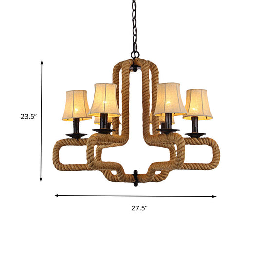 Hanging Chandelier Light With Bell Fabric Shades Loft Style 6 Heads Brown Rope Detail - Perfect For