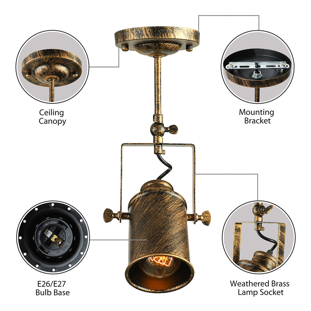 Vintage Style Bronze/Gold Finish Semi Flush Mount Ceiling Light With Cylindrical Shade – Ideal