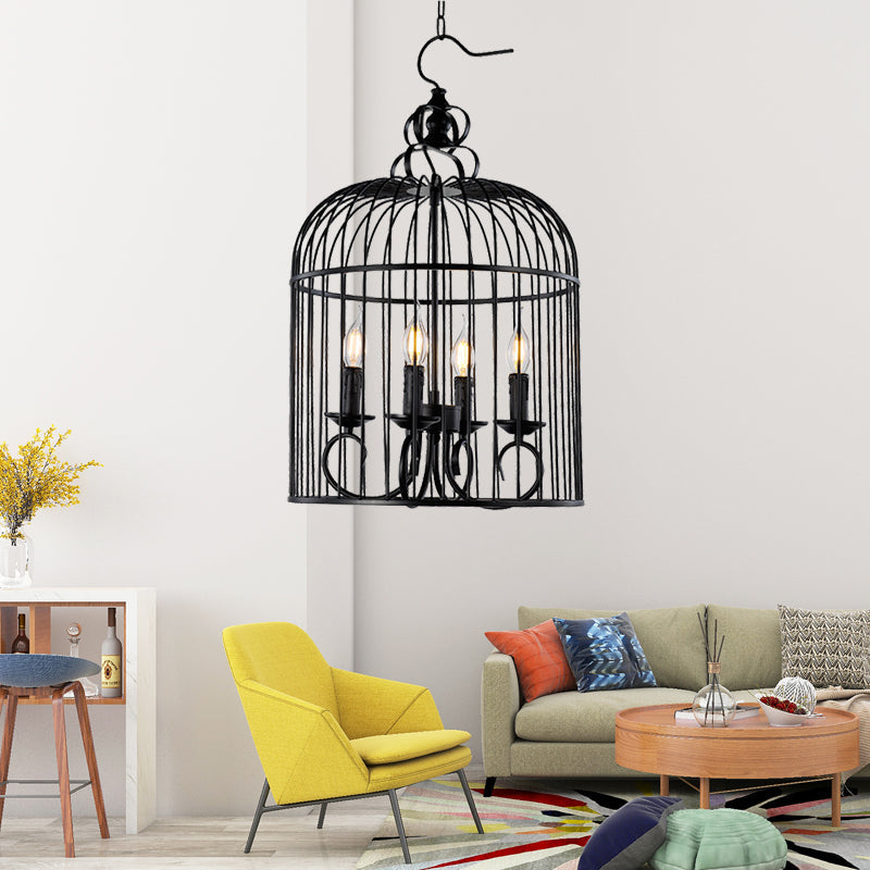 Farmhouse Birdcage Design Hanging Chandelier Lamp - 4-Head Metallic Fixture With Candle In Elegant