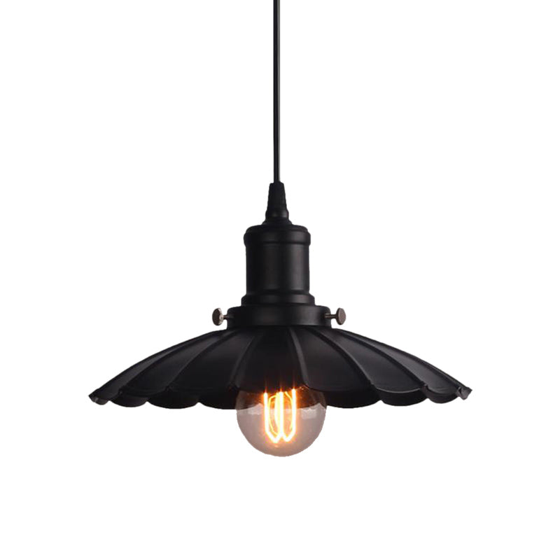 Vintage Industrial Hanging Lamp Black Scalloped Metal Indoor Ceiling Light Fixture 1-Bulb