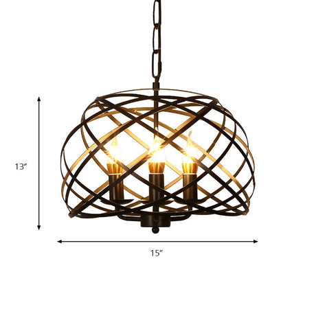 Vintage Open Cage Hanging Chandelier With 3 Candle Lights In Black
