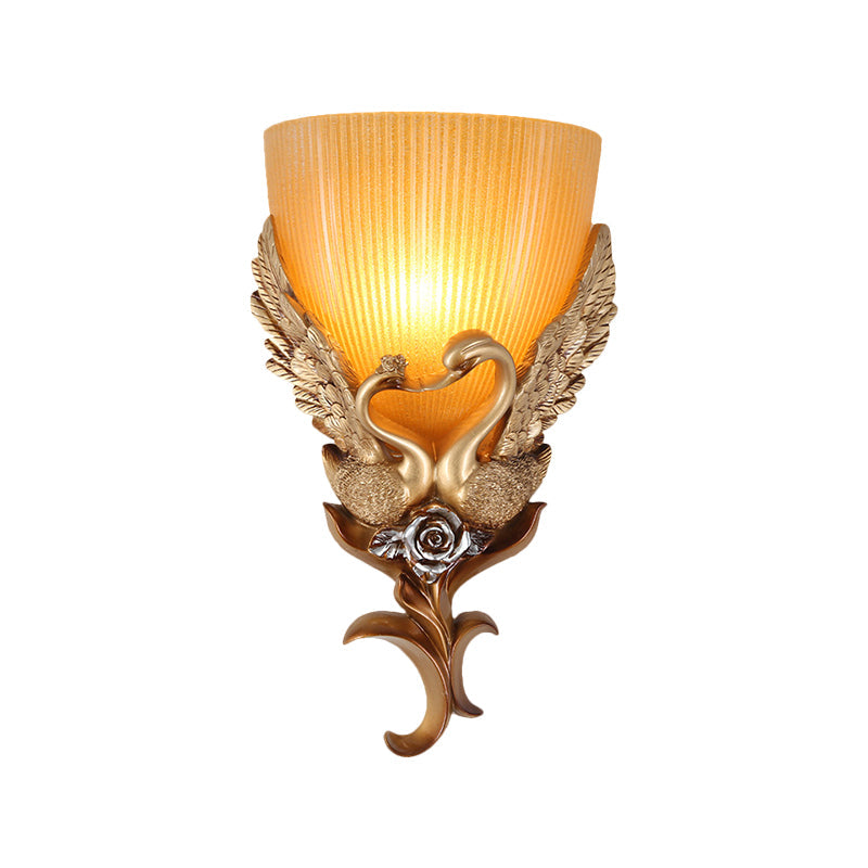 Rustic Amber Glass Wall Sconce With Swan And Flower Design - Gold Single Head Tapered Lighting