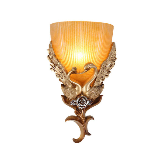 Rustic Amber Glass Wall Sconce With Swan And Flower Design - Gold Single Head Tapered Lighting