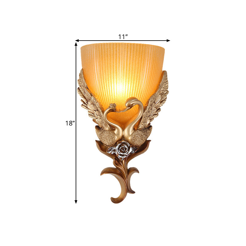 Rustic Amber Glass Wall Sconce With Swan And Flower Design - Gold Single Head Tapered Lighting