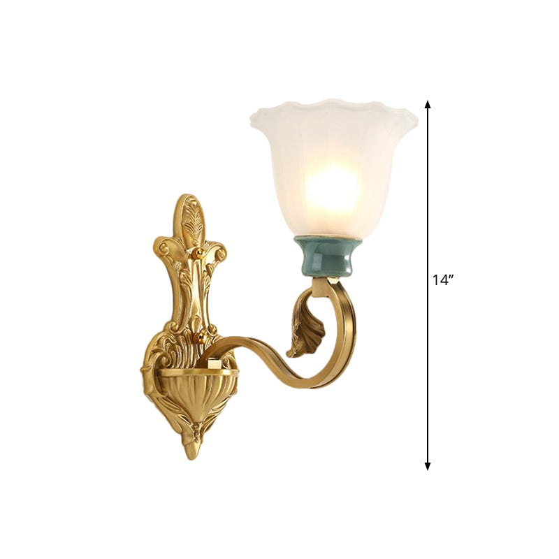 Milky Glass Brass Wall Sconce With Ginkgo Leaf Decor - Traditional Scroll Arm Lighting Fixture