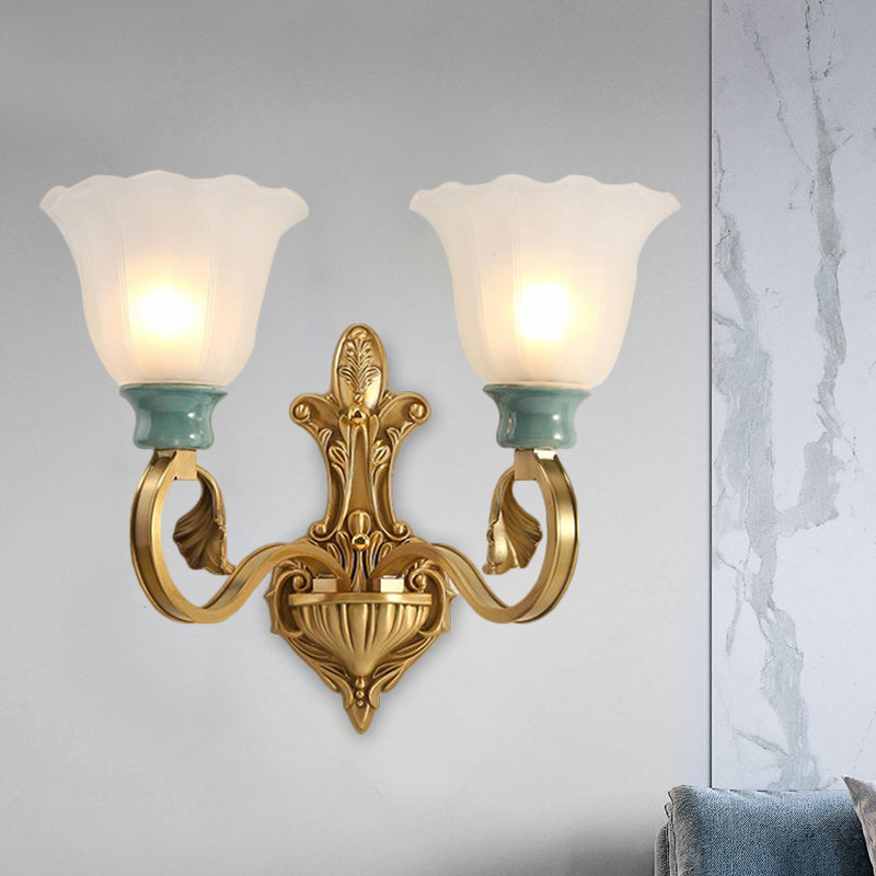 Milky Glass Brass Wall Sconce With Ginkgo Leaf Decor - Traditional Scroll Arm Lighting Fixture