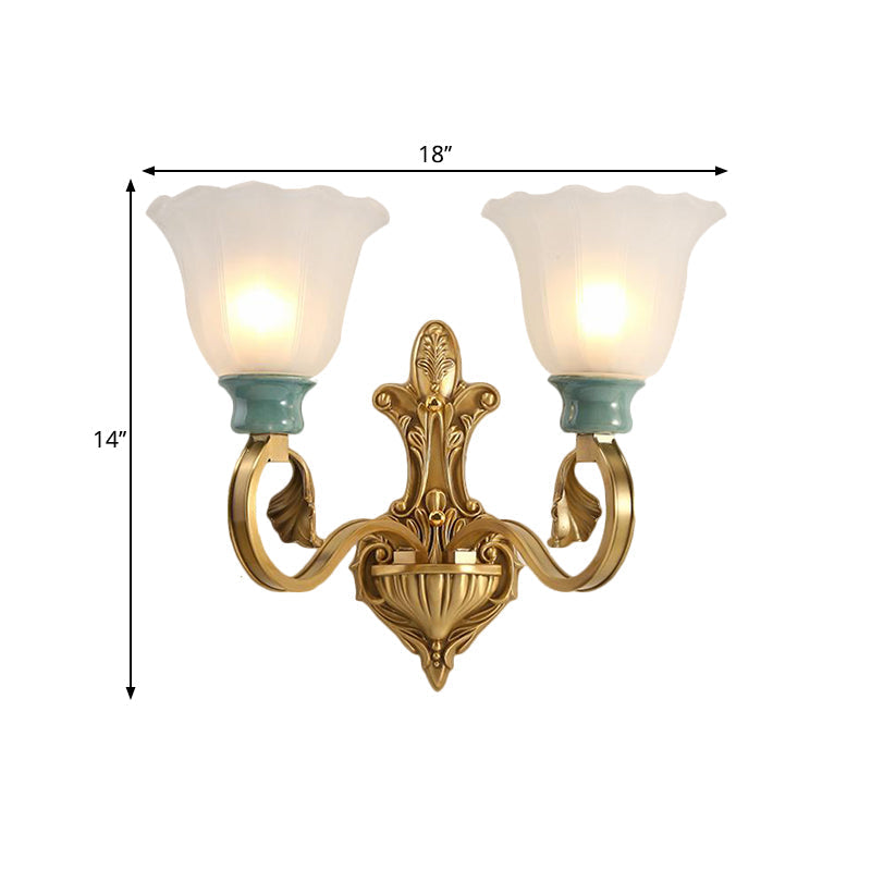 Milky Glass Brass Wall Sconce With Ginkgo Leaf Decor - Traditional Scroll Arm Lighting Fixture