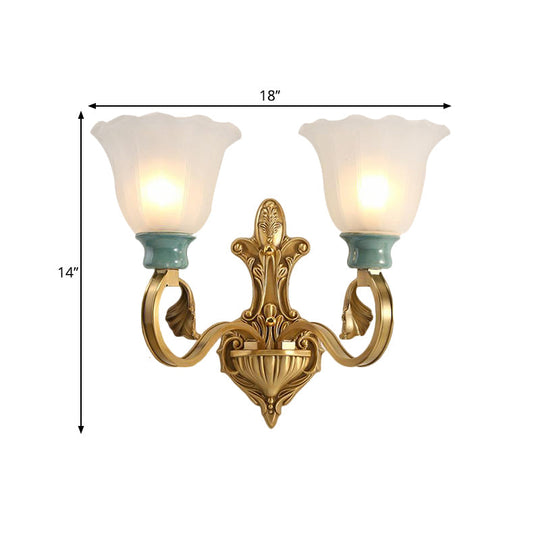 Milky Glass Brass Wall Sconce With Ginkgo Leaf Decor - Traditional Scroll Arm Lighting Fixture