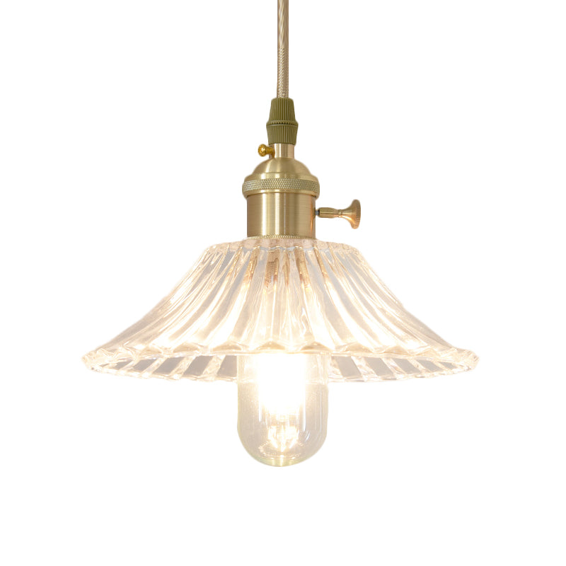 Brass Clear Fluted Glass Pendant Lamp Kit With Rustic Wide Cone Hang Light