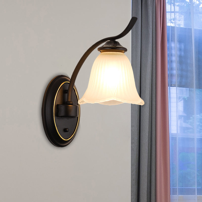 Countryside Flower Single Head Sconce: Cream Glass Wall Lamp - Black