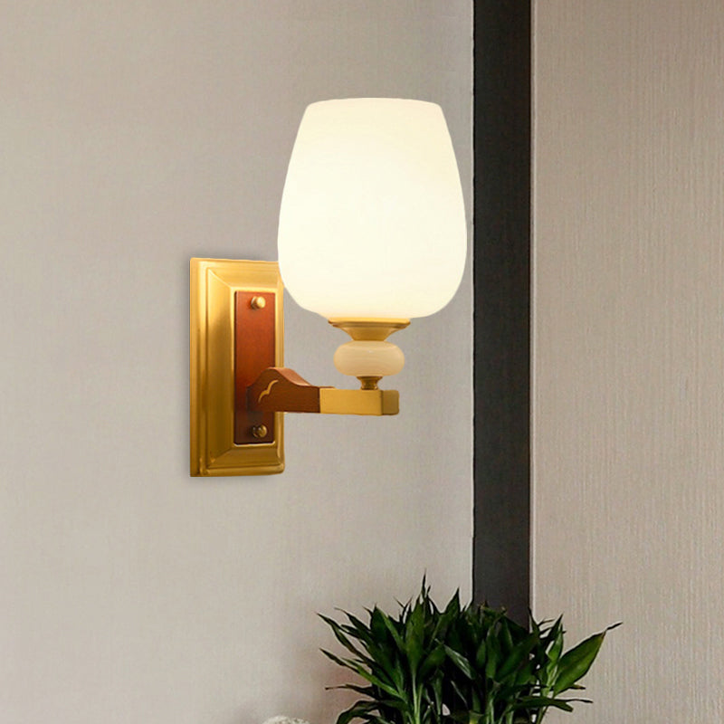 Brass Single Light Wall Mount Lamp With Opal Glass Cup Shape - Angled Lighting Idea