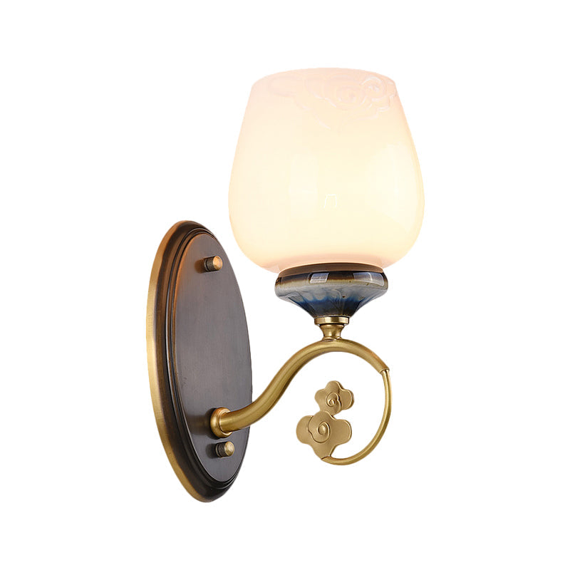 Vintage Flower Bud Sconce Light: Cream Glass Wall Mounted Lighting With Single Bulb In Black