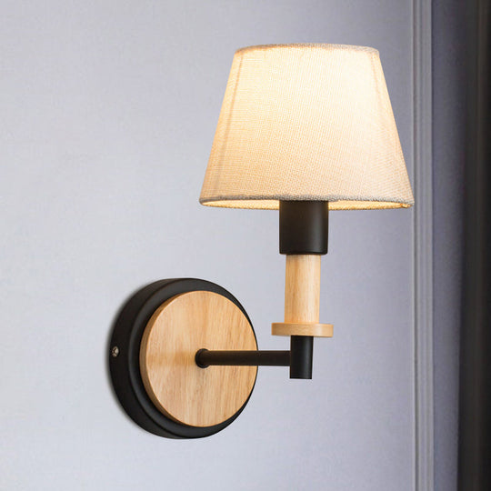 Nordic Conical Fabric Wall Mount Light With Right Angled Arm - 1-Bulb Black/White Lamp White/Beige