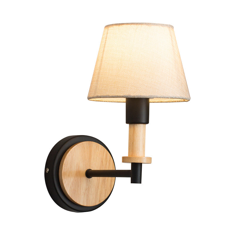 Nordic Conical Fabric Wall Mount Light With Right Angled Arm - 1-Bulb Black/White Lamp White/Beige