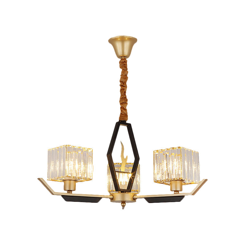 Simplicity Gold Chandelier Ceiling Light With Crystal Prisms Shade - 3/6/8 Heads