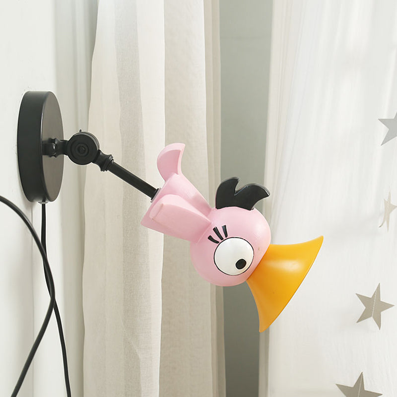 Cartoon Pink Bird Led Sconce: Metal Wall-Mounted Lamp For Girls Room