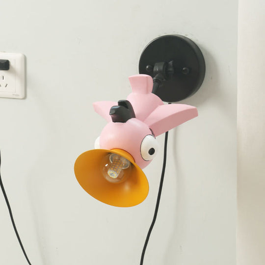 Cartoon Pink Bird Led Sconce: Metal Wall-Mounted Lamp For Girls Room