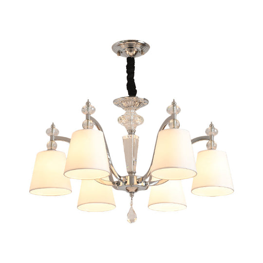 Modern Fabric Chandelier Light Fixture With Crystal Drop - Conic Design Chrome Suspension 3/6 Heads