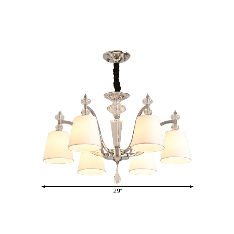 Modern Fabric Chandelier Light Fixture With Crystal Drop - Conic Design Chrome Suspension 3/6 Heads