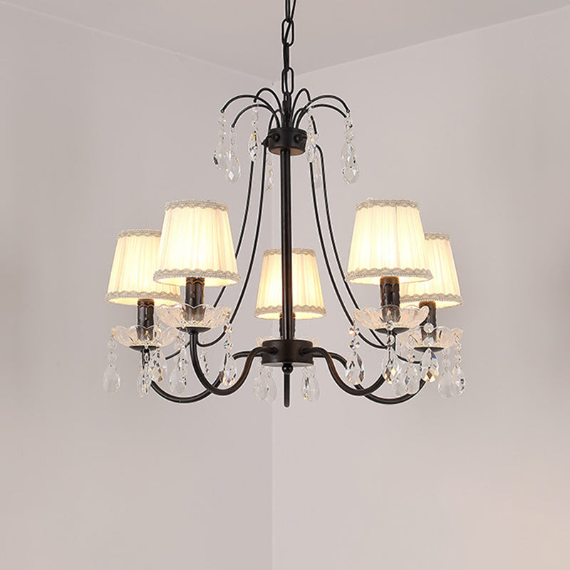 Black Modernist Cone Hanging Chandelier - Fabric 5/6/8 Bulbs Restaurant Down Lighting With Crystal