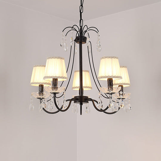 Black Modernist Cone Hanging Chandelier - Fabric 5/6/8 Bulbs Restaurant Down Lighting With Crystal