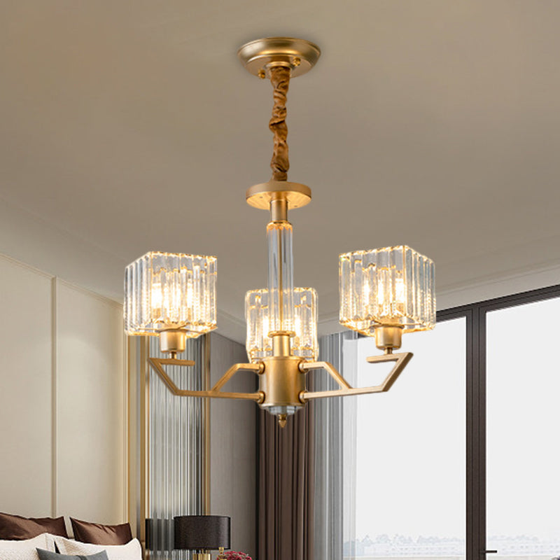 Minimalist Gold Chandelier With Clear Crystal Prisms - 3/6-Light Suspension Fixture