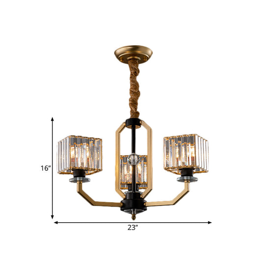 Minimalist Crystal Prism Cube Chandelier With Brass Curved Arm And 3/6/8 Bulbs