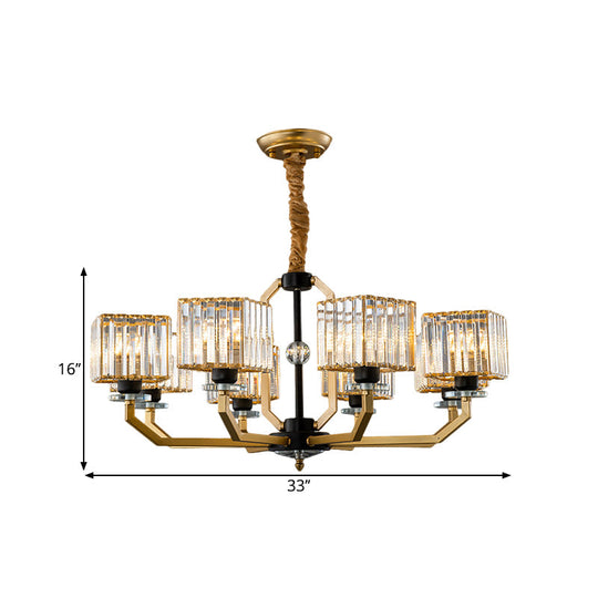 Minimalist Crystal Prism Cube Chandelier With Brass Curved Arm And 3/6/8 Bulbs
