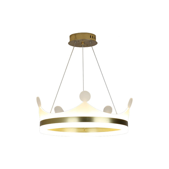 Gold Metallic Kids Crown Hanging Lamp - Led Chandelier For Girls Bedroom Warm/White Light