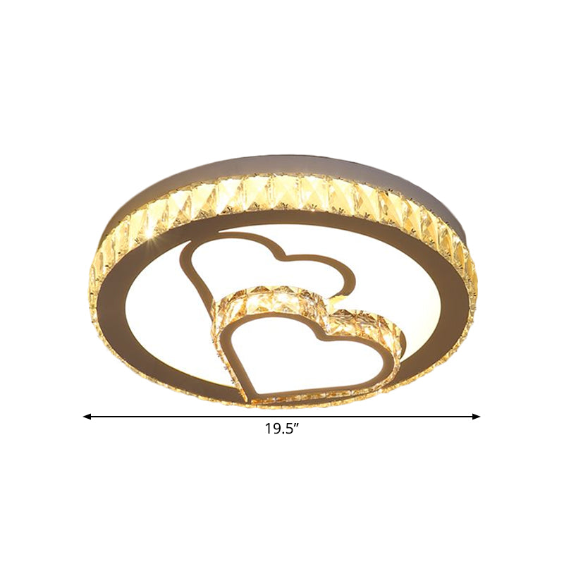 Modern Chrome Led Heart And Round Flush Mount Crystal Ceiling Lamp In Warm/White Light